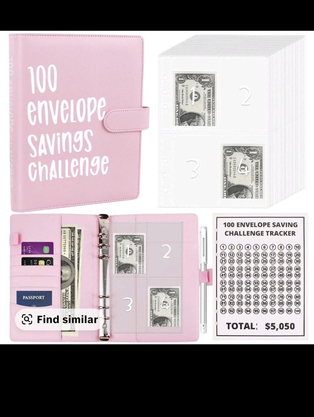 100 Envelope Savings Challenge Binder - Pink